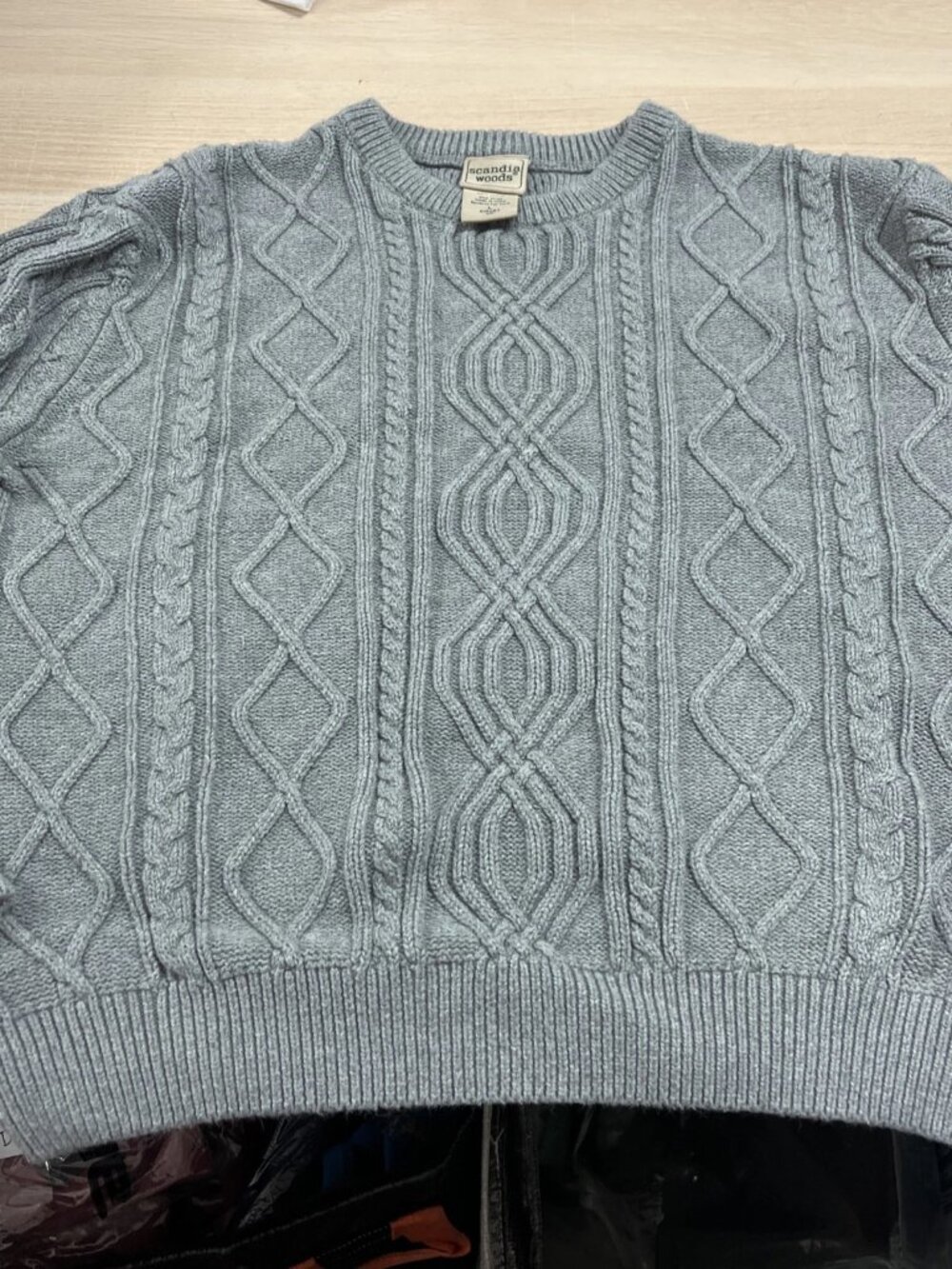 SCANDIA WOODS Men's Gray Cable Knit Cotton Crew Sweater Pullover - LARGE Vintage